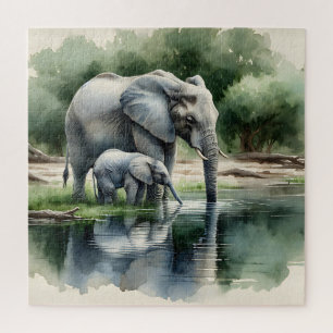 Aquarellillustration von Mama und Baby Elephant Puzzle