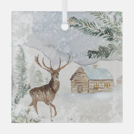 Aquarellirsche im Winterwald Weihnachten Ornament Aus Glas (Vorderseite)