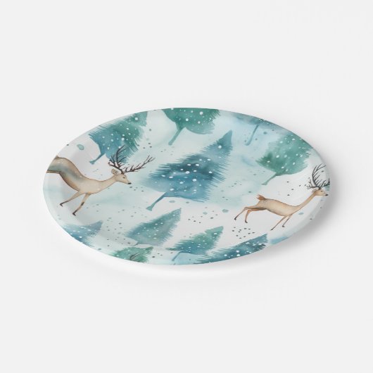 Aquarellirsche im Winterwald Weihnachten Pappteller (Schrägansicht)