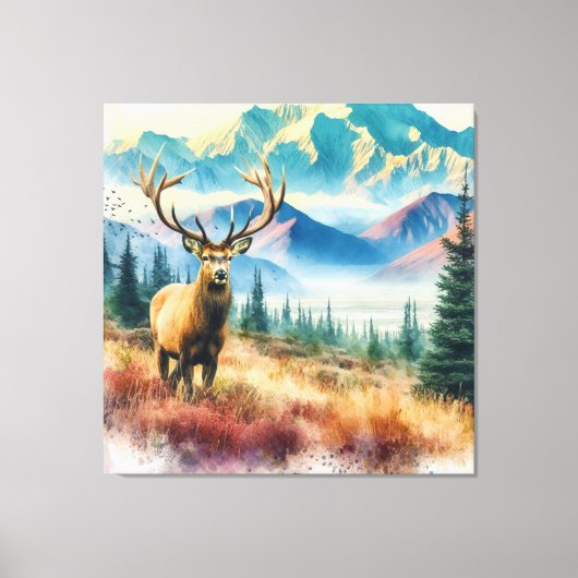 Aquarellirsche mit Antlern Leinwanddruck (Vorderseite)