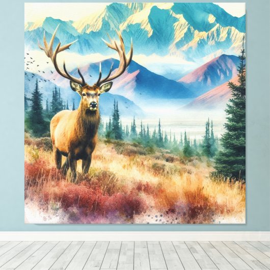 Aquarellirsche mit Antlern Leinwanddruck (Insitu (Holzboden))