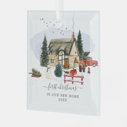 Aquarellkabine | Erste Weihnachts-Zuhause Ornament Aus Glas (Vorderseite links)