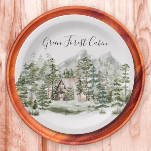 Aquarellkabine im grünen Pinienwald Pappteller