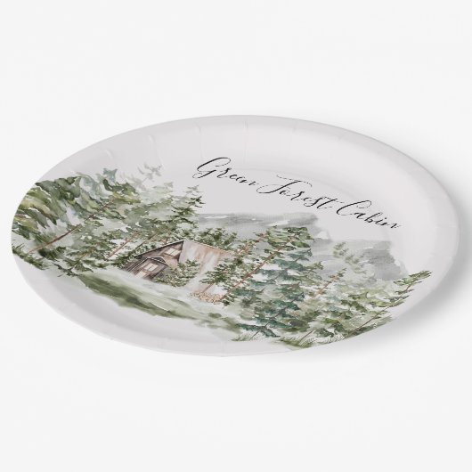 Aquarellkabine im grünen Pinienwald Pappteller (Schrägansicht)