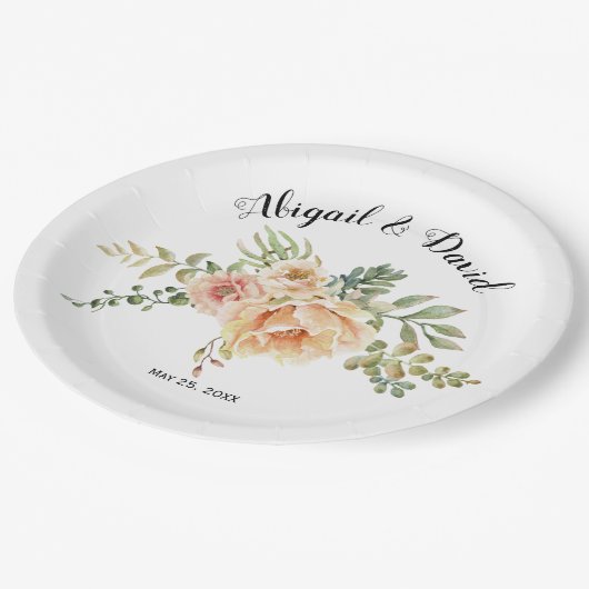 Aquarellkaktus Blume und Hochzeit Pappteller (Schrägansicht)