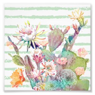 Aquarellkaktus, Blumenmuster und Streifen Fotodruck