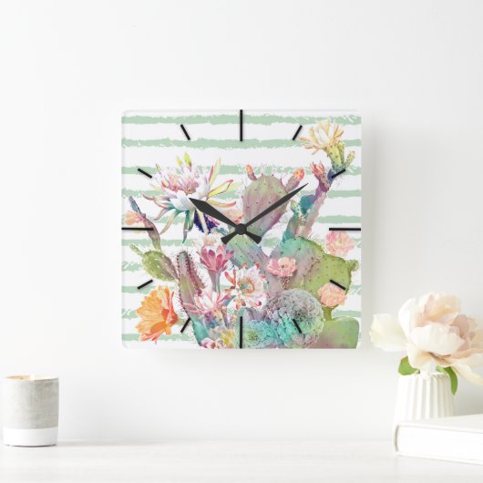 Aquarellkaktus, Blumenmuster und Streifen Quadratische Wanduhr (Zuhause)