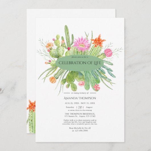 Aquarellkaktus Feier zum Foto des Lebens Einladung (Vorne/Hinten)