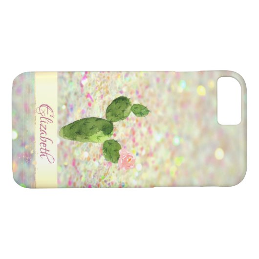 Aquarellkaktus Glittery Bokeh - Personalisiert Case-Mate iPhone Hülle (Rückseite (Horizontal))