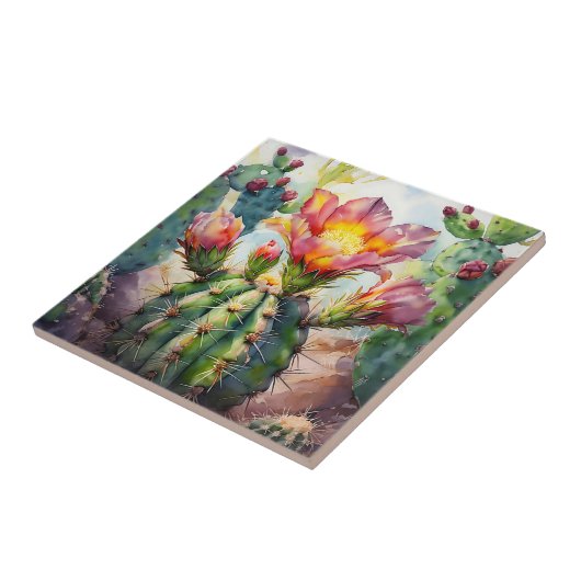 Aquarellkaktus mit dynamischen Wüsten-Blume Fliese (Seite)