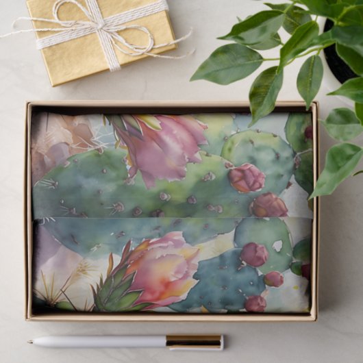 Aquarellkaktus mit dynamischen Wüsten-Blume Seidenpapier (Geschenk)