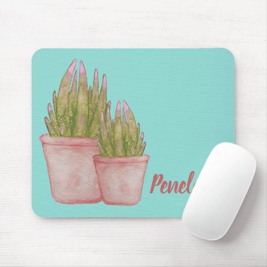Aquarellkaktus mit Ihrem Namen Rosa und Aqua Mousepad (Mit Mouse)