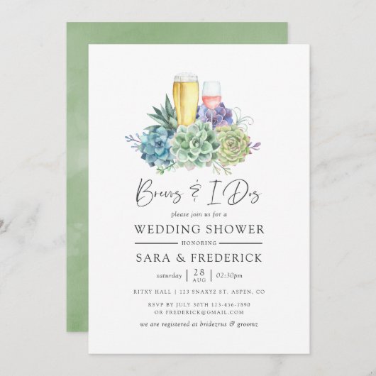 Aquarellkaktus Succulents Brews and I Dos Einladung (Vorne/Hinten)