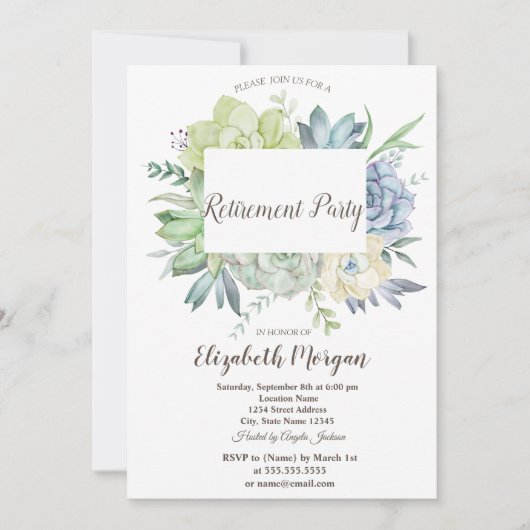 Aquarellkaktus Sukkulents Dots Retirement Einladung (Vorderseite)