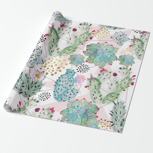 Aquarellkaktus und Dreiecksmuster Geschenkpapier (Ungerollt)