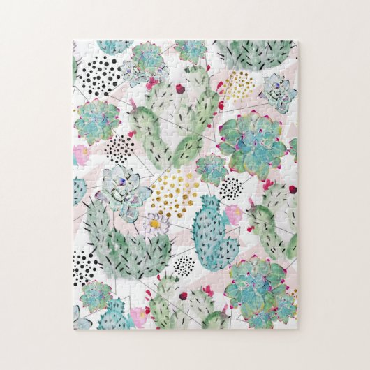 Aquarellkaktus und Dreiecksmuster Puzzle (Vertikal)