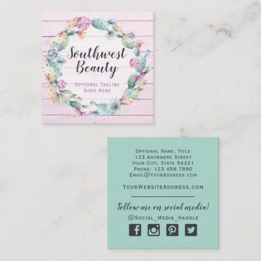 Aquarellkaktus und rustikales Holz Bohemisch Quadratische Visitenkarte (Vorne/Hinten)