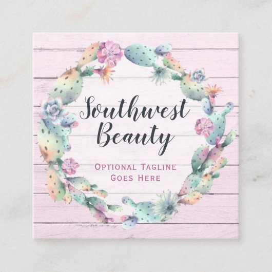 Aquarellkaktus und rustikales Holz Bohemisch Quadratische Visitenkarte (Vorderseite)