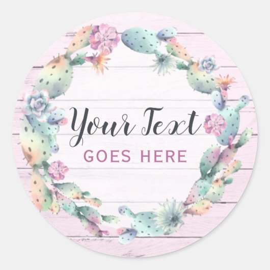 Aquarellkaktus und rustikales Holz Bohemisch Runder Aufkleber (Vorderseite)