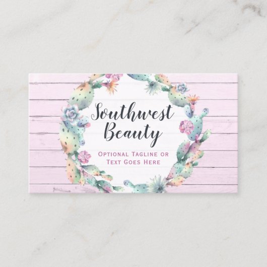 Aquarellkaktus und rustikales Holz Bohemisch Visitenkarte (Vorderseite)