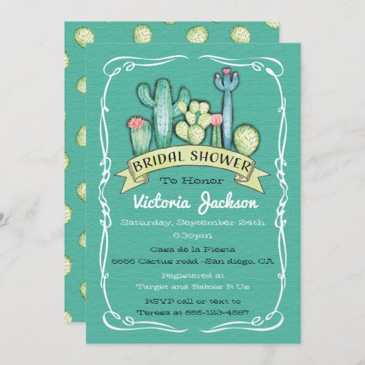 Aquarellkaktus und Sukkulentes Brautparty Einladung (Vorne/Hinten)