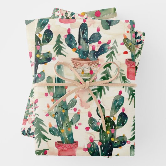 Aquarellkaktus Weihnachtslichter zum Geschenk Geschenkpapier Set (Beispiel)