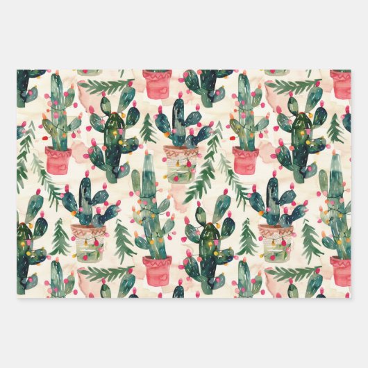 Aquarellkaktus Weihnachtslichter zum Geschenk Geschenkpapier Set (Vorderseite)