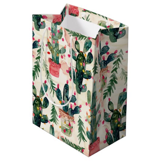 Aquarellkaktus Weihnachtslichter zum Geschenk Mittlere Geschenktüte (Rückseite Schrägansicht)
