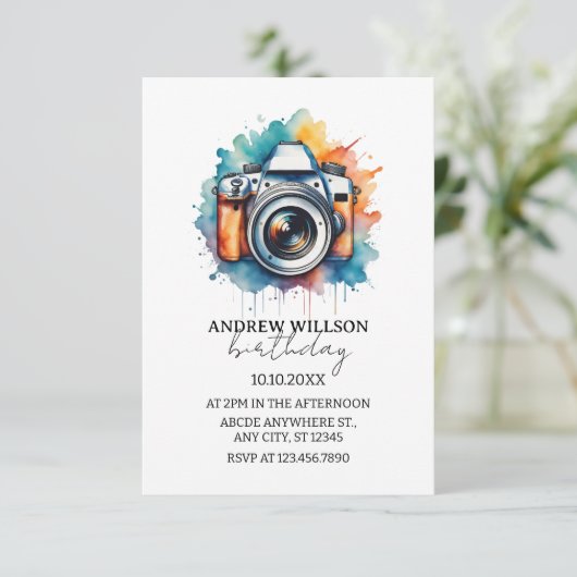 Aquarellkamera-Fotograf BIRTHDAY Einladung (Stehend Vorderseite)