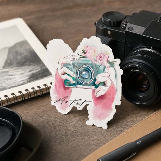 Aquarellkamera mit rosa Blume Aufkleber