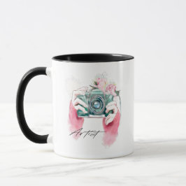 Aquarellkamera mit rosa Blume Tasse