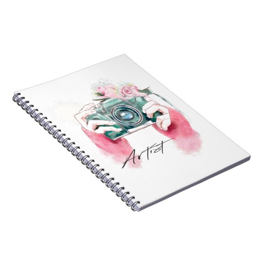 Aquarellkamera mit rosa Notebook Notizblock (Rechte Seite)