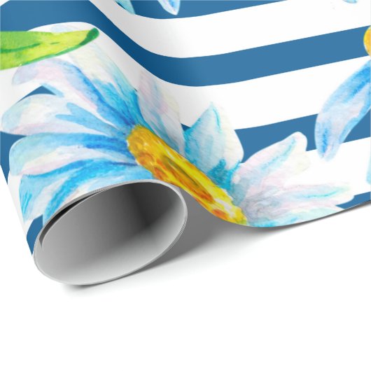 Aquarellkamille auf weißblau gestreiftem Rücken Geschenkpapier (Rolleneckpunkt)