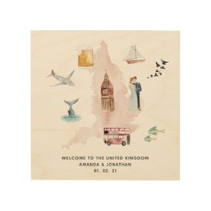 Aquarellkarte der britischen Hochzeit in Urlaubsor Holzdruck