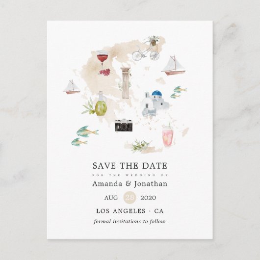 Aquarellkarte der griechischen Hochzeit in Urlaubs Ankündigungspostkarte (Vorderseite)