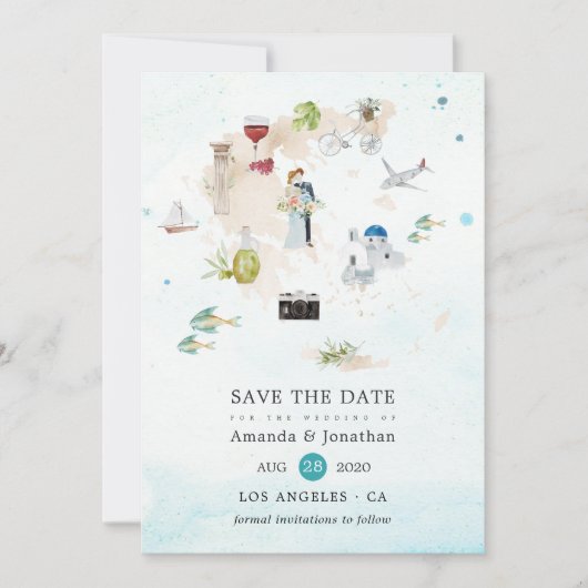 Aquarellkarte der griechischen Hochzeit in Urlaubs Save The Date (Vorderseite)