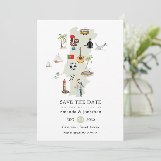 Aquarellkarte der portugiesischen Hochzeit in Urla Save The Date (Stehend Vorderseite)