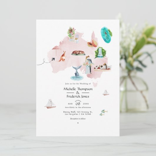 Aquarellkarte von Australien Hochzeit in Urlaubsor Einladung (Stehend Vorderseite)