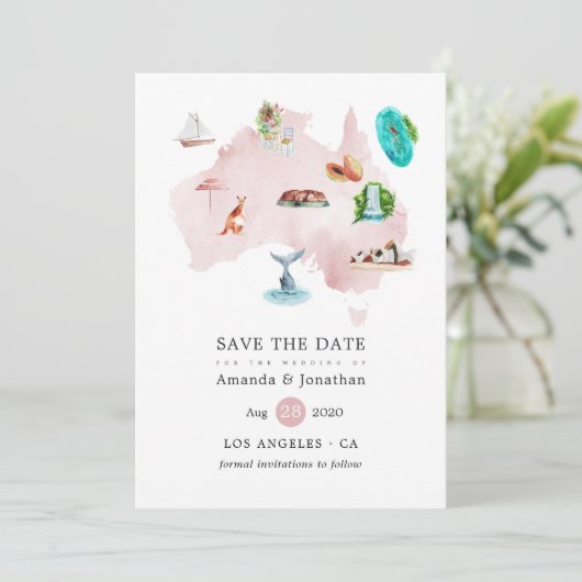 Aquarellkarte von Australien Hochzeit in Urlaubsor Save The Date (Stehend Vorderseite)