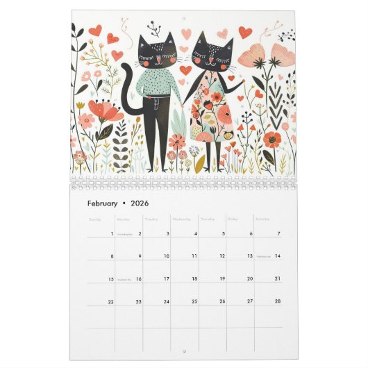 Aquarellkat-Illustrationen Whimsical Feline Kalender (Feb 2026)