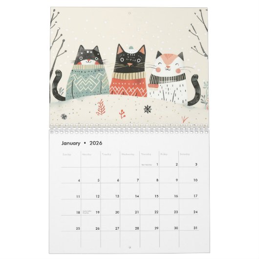 Aquarellkat-Illustrationen Whimsical Feline Kalender (Jan 2026)