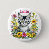 Aquarellkätzchen in gelben Blumen Personalisiert Button (Vorderseite)