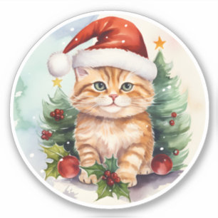 Aquarellkatze, Holly Berries und Weihnachtsbaum Aufkleber