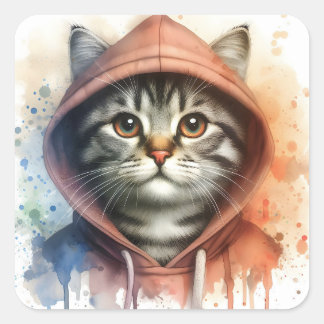 Aquarellkatze im farbenfrohen Hoodie Splash Art Quadratischer Aufkleber
