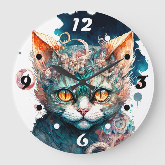 Aquarellkatze im Steampunkstil Große Wanduhr (Vorderseite)