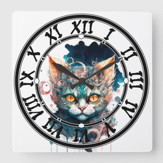Aquarellkatze im Steampunkstil Quadratische Wanduhr (Vorderseite)