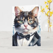 Aquarellkatze in einer Tuxedo- und Black Bow-Krawa Karte (Gelbe Blume)