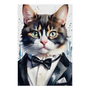 Aquarellkatze in einer Tuxedo- und Black Bow-Krawa Poster