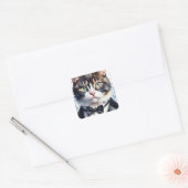 Aquarellkatze in einer Tuxedo- und Black Bow-Krawa Quadratischer Aufkleber (Umschlag)
