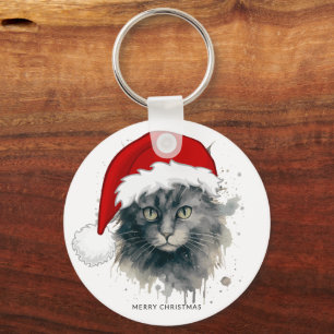 Aquarellkatze in einer Weihnachtsmannmütze Frohe W Schlüsselanhänger